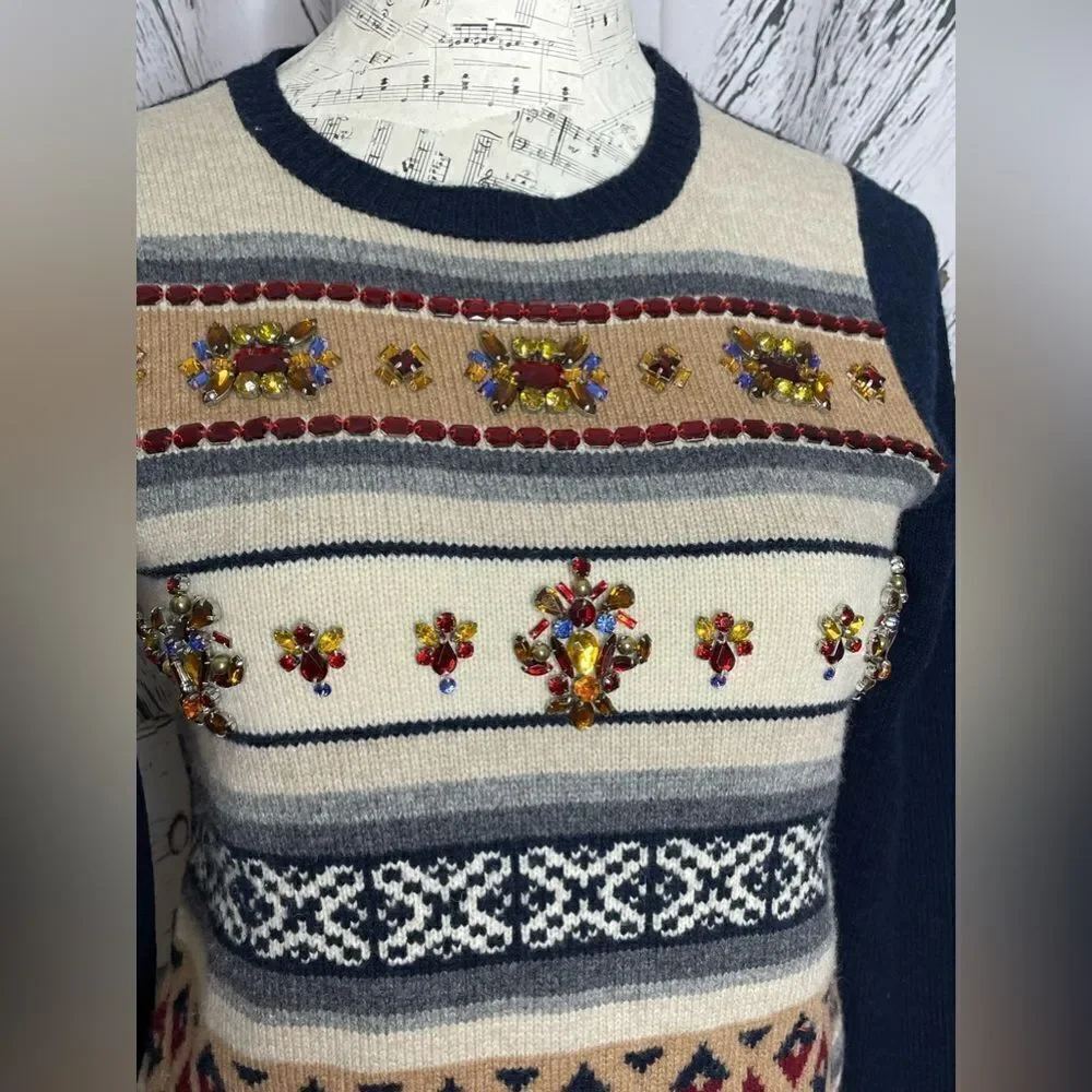 J.Crew Jeweled Fair Isle Stripe Wool Sweater S